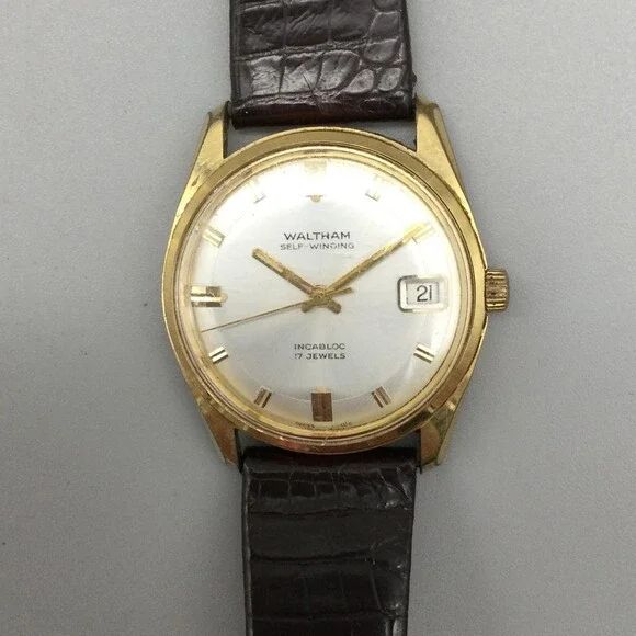 Vintage Waltham Mens Watch 34mm Self Winding Date Brown Leather Incabloc 17J